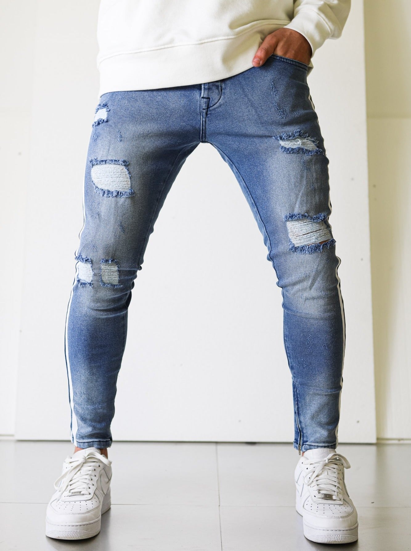 Ripped Blue Jeans with Stripes - UNEFFECTED STUDIOS® - JEANS - UNEFFECTED