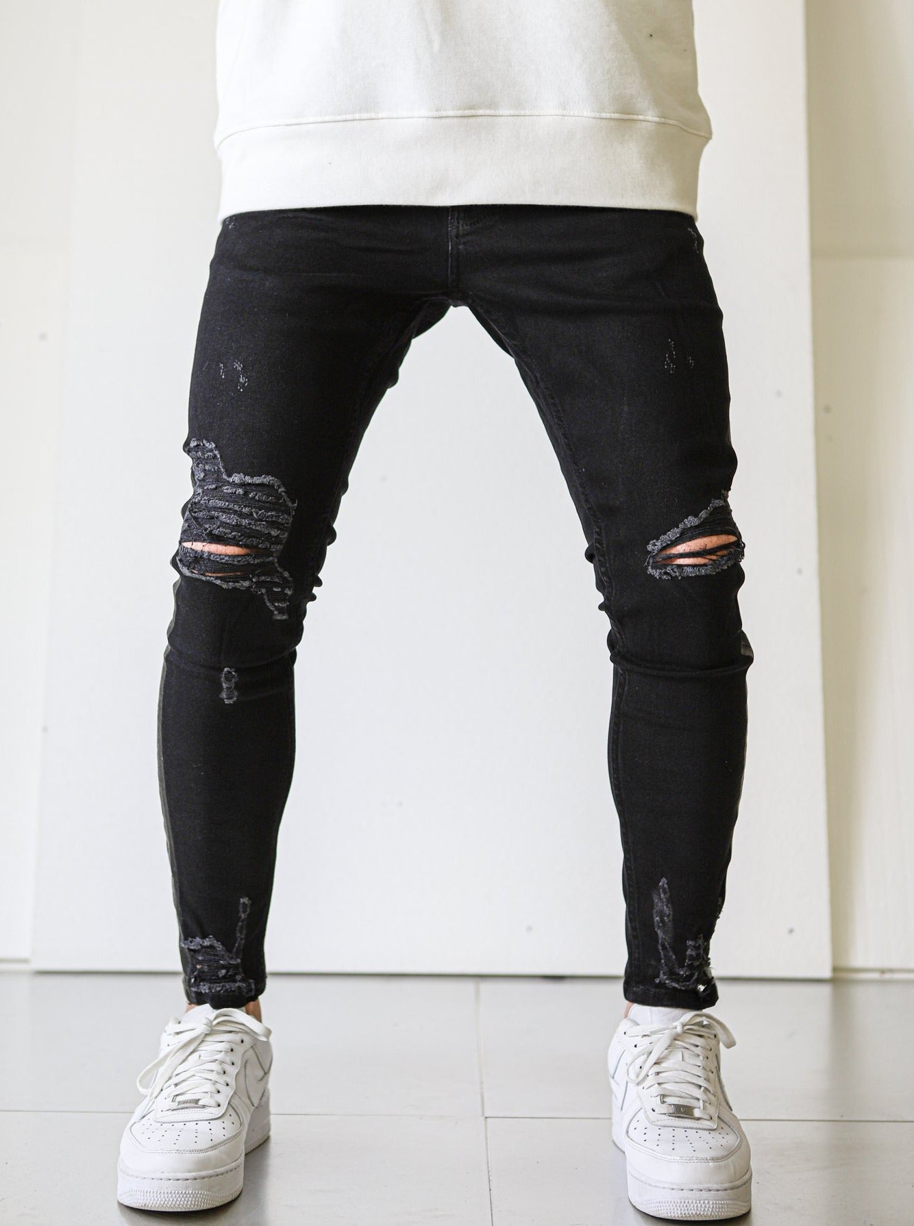Side Stripe Black Ripped Jeans - UNEFFECTED STUDIOS® - JEANS - UNEFFECTED