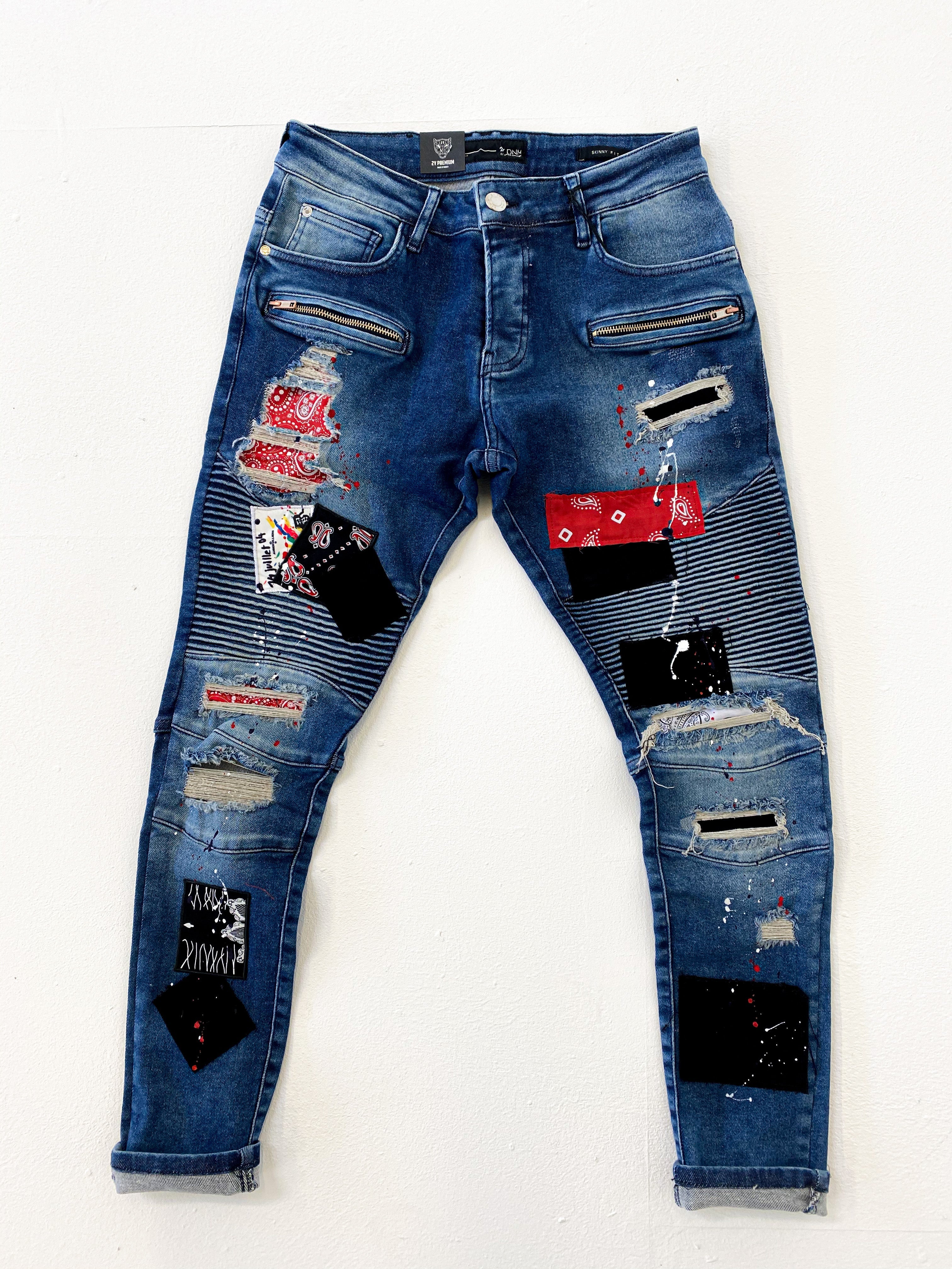 Biker Patched Ripped Blue Jeans - UNEFFECTED STUDIOS® - JEANS - UNEFFECTED