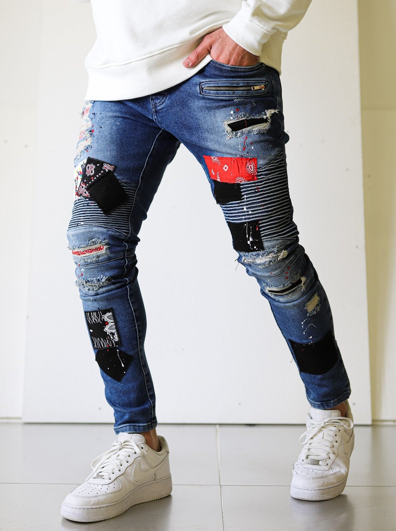 Biker Patched Ripped Blue Jeans - UNEFFECTED STUDIOS® - JEANS - UNEFFECTED