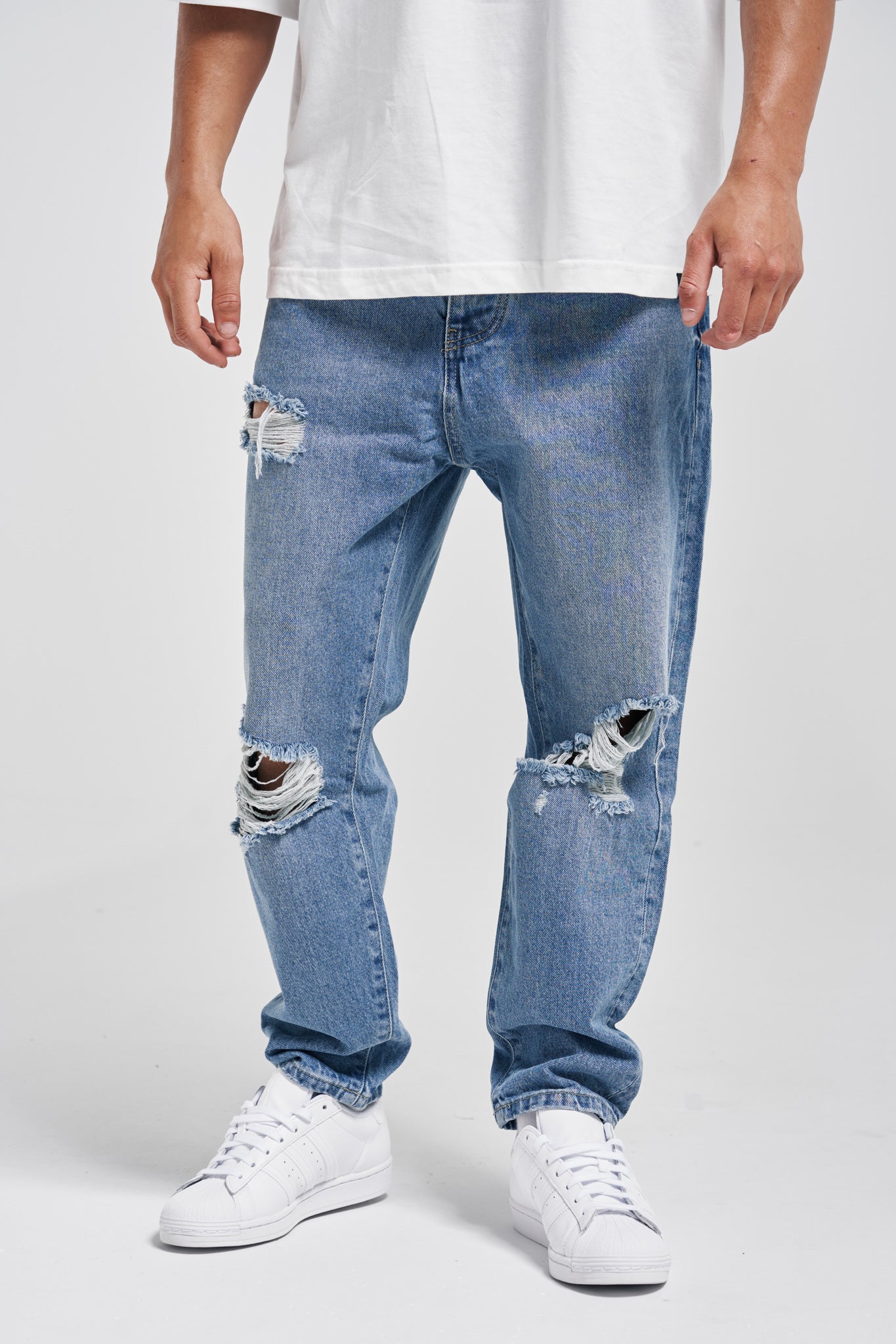 Destroyed Premium Blue Baggy Jeans - UNEFFECTED STUDIOS® - JEANS - UNEFFECTED STUDIOS®