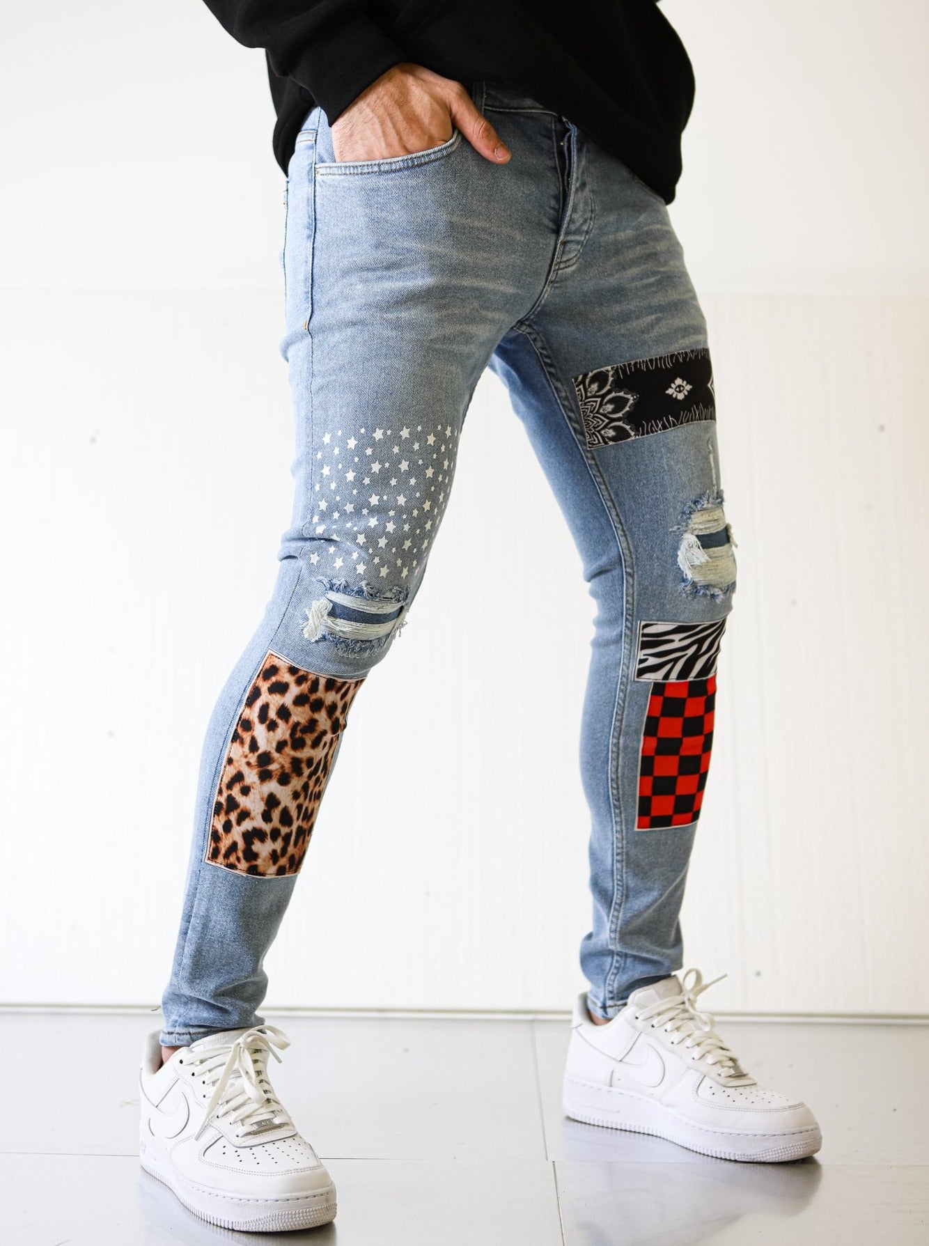 Patched Printed Blue Jeans - UNEFFECTED STUDIOS® - JEANS - UNEFFECTED