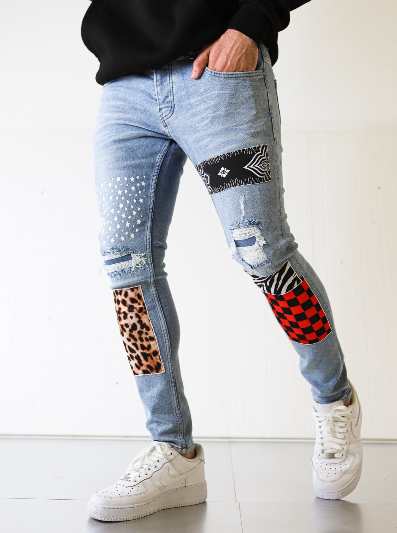 Patched Printed Blue Jeans - UNEFFECTED STUDIOS® - JEANS - UNEFFECTED