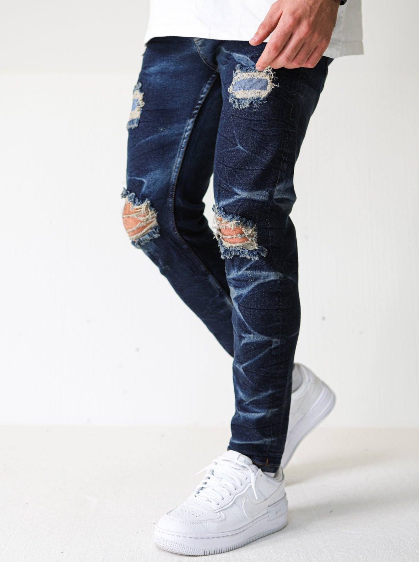 Premium Dark Blue Destroyed Wave Jeans - UNEFFECTED STUDIOS® - JEANS - UNEFFECTED STUDIOS®