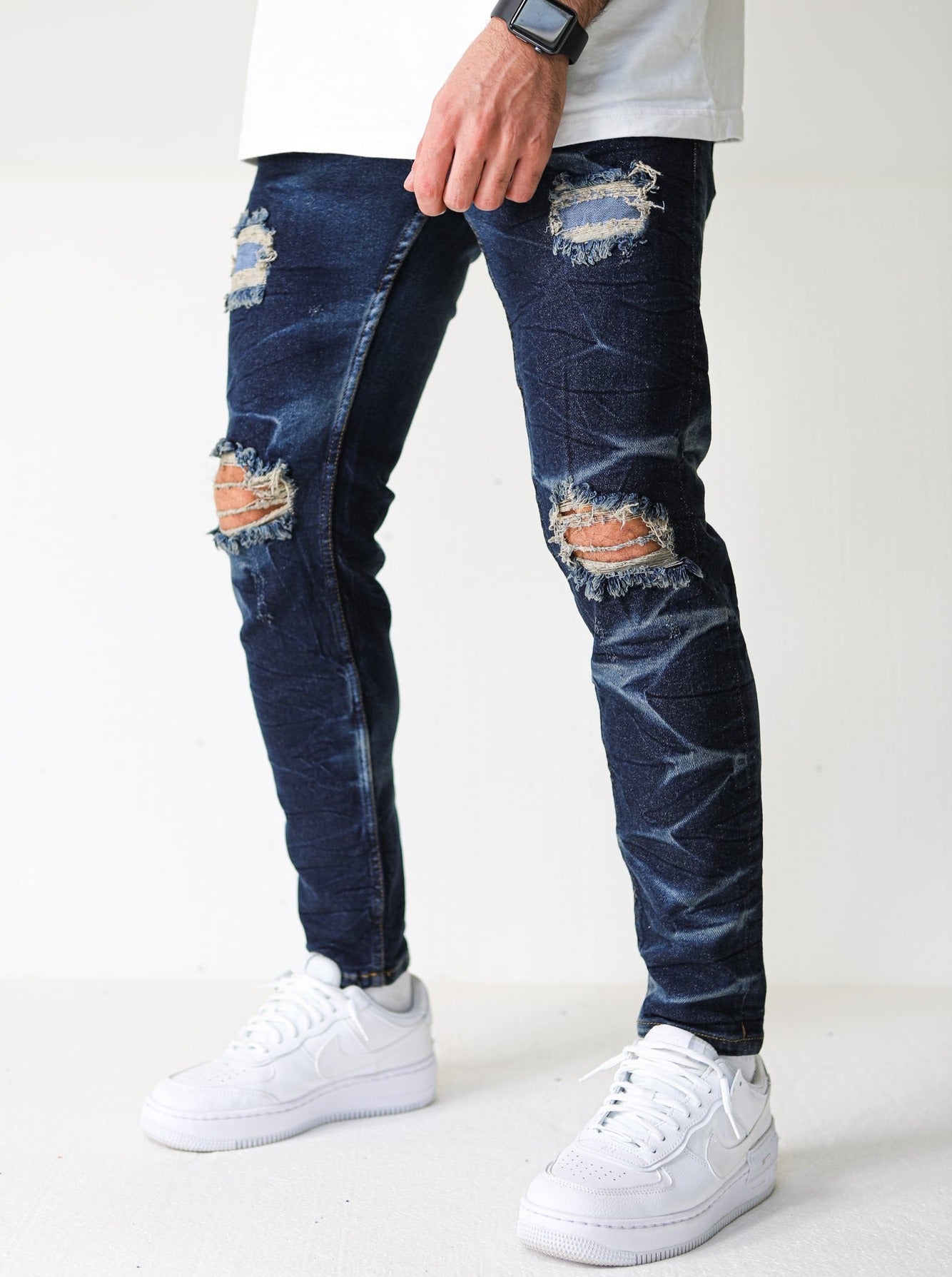 Premium Dark Blue Destroyed Wave Jeans - UNEFFECTED STUDIOS® - JEANS - UNEFFECTED STUDIOS®
