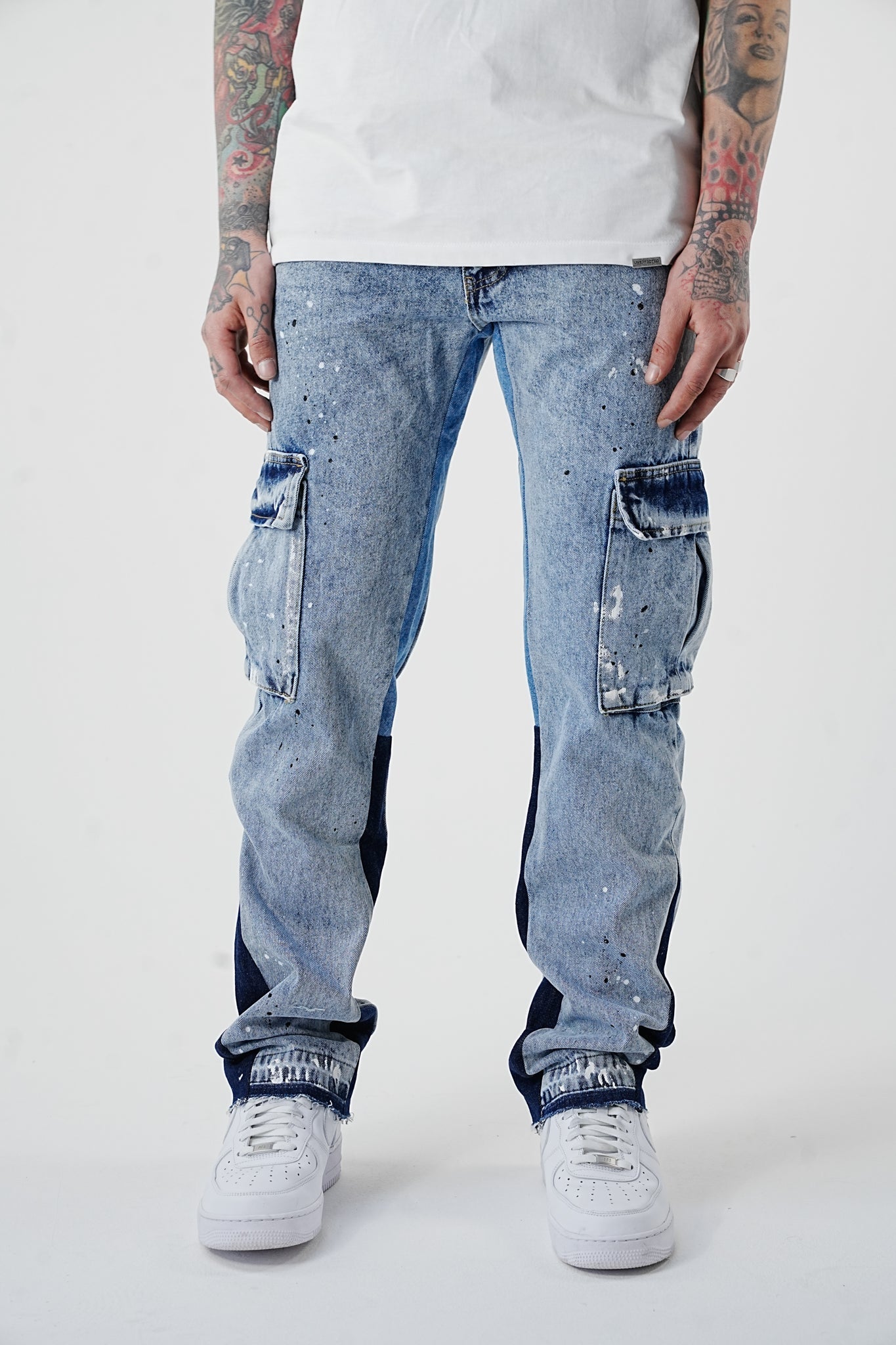 Premium Flared Painted Blue Cargo Jeans - UNEFFECTED STUDIOS® - JEANS - UNEFFECTED STUDIOS®