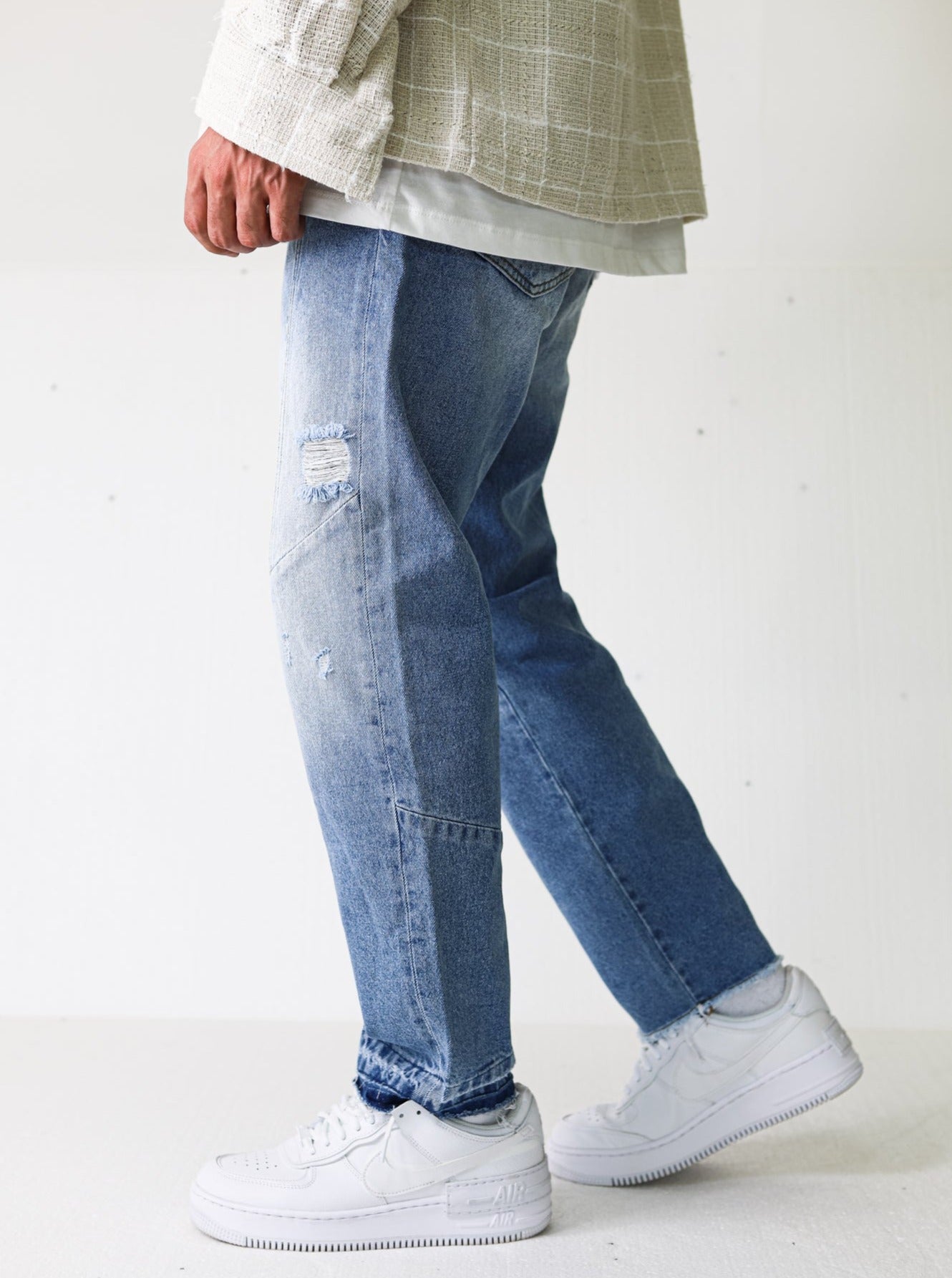 Premium Ripped Light Blue Asymmetrical Jeans - UNEFFECTED STUDIOS® - JEANS - UNEFFECTED STUDIOS®