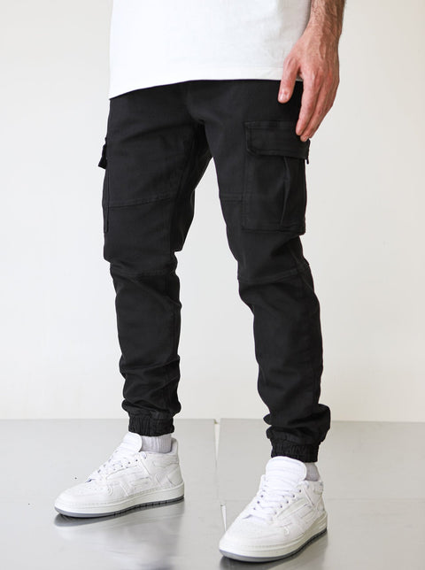 Premium Elasticated Cargo Pants  - Black
