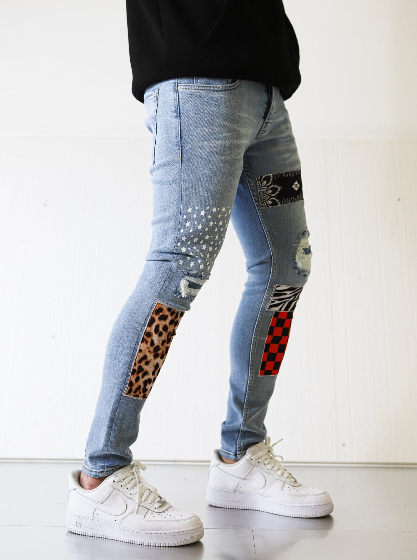 Patched Printed Blue Jeans