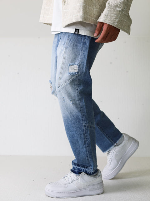 Premium Ripped Light Blue Asymmetrical Jeans