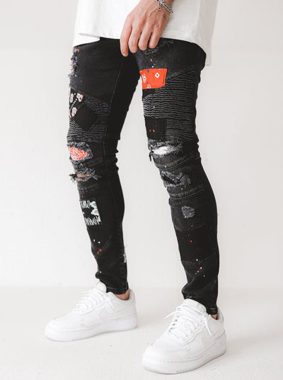 Biker Patched Ripped Black Jeans