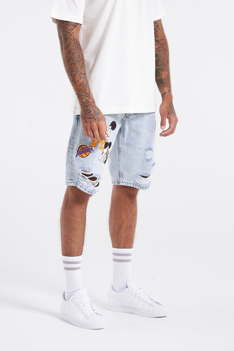 Patched Ripped Light Blue Denim Shorts